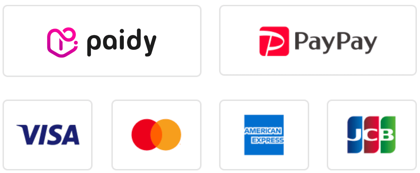 決済方法。Paidy, PayPay, VISACARD, MasterCard, JCB, American Express